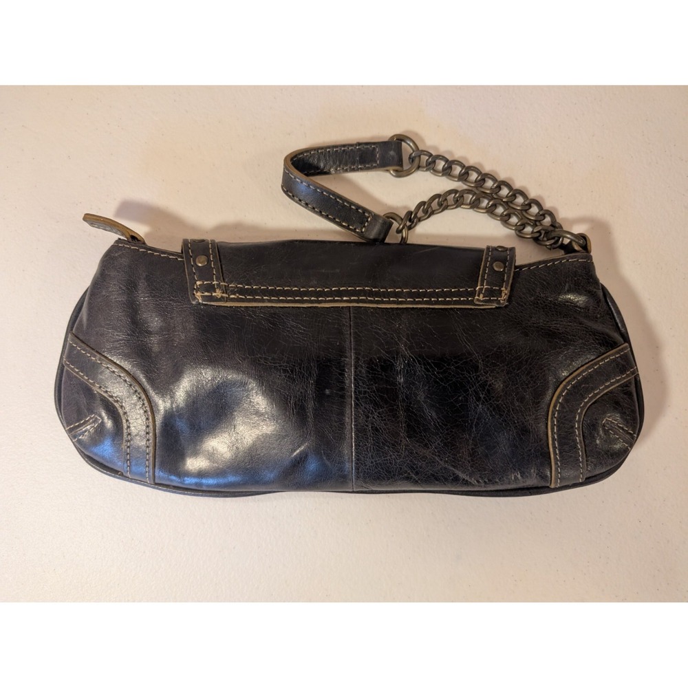 Black Leather Kiss-Lock Clutch Purse Studded Vintage Look Chain Strap - Picture 2 of 4